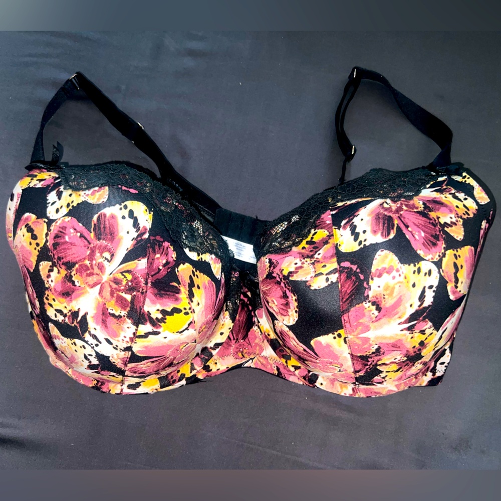 Cacique Boost Balconette Bra – Black with Floral Print, Size 40F